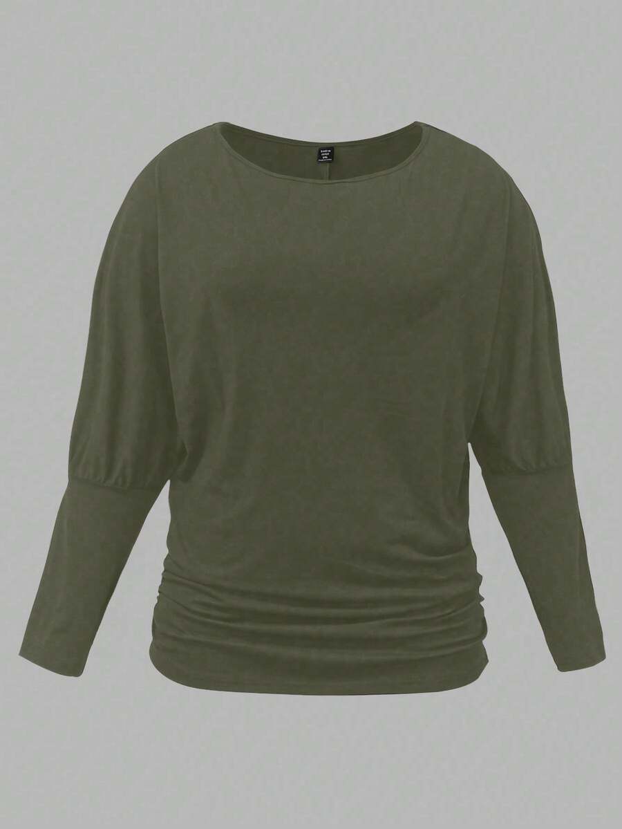 SHEIN LUNE Women's Plus Size Casual Solid Color Crew Neck Long Sleeve Knit T-Shirt, Autumn/Winter - Army Green - View 1