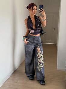 StreetHx Women's Casual Street Dragon Pattern Wide Leg Pants, Autumn/Winter - Medium Wash - View 5