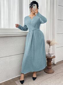 Modelyn Plus Size Women's Solid Color Keyhole Neck Long Sleeve Waist Criss-Cross Ribbed Fashionable Dress - Blue - View 6