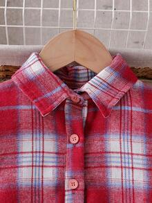 Girls' Casual Long Sleeve Plaid Shirt Jacket, Lapel Collar, Asymmetric Hem, Fashion Blouse Suitable For Vacation, Travel, Outings, Spring & Autumn - Red - View 3