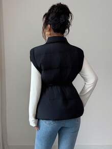 SHEIN Elenzya Women's Casual Lightweight White Down Hooded Cinched Waist Slim Fit Short Sleeve Down Jacket Puffer Vest Fur Thermal Winter Women Vest Cold Weather Clothes Women Outerwear Women Women Jackets - Black - View 2