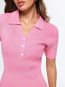 Eassivo Eassivo Women's Button Half-Placket Long Fitted Short Sleeve Bodycon Knit Dress - Pink - View 6