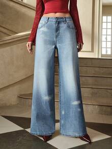 Selenza Women's Fashionable Commuter Sequin Low Waist Wide Leg Jeans - Blue - View 4