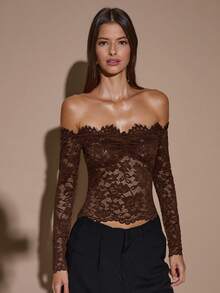 SHEIN BAE 女士蕾丝性感透视镂空露肩长袖上衣，酒红色，适合圣诞节、万圣节、亡灵节、秋冬季叠穿 - 咖啡棕 - 查看 5