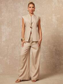 Lumalex 女士优雅杏色立领金属纽扣装饰无袖修身外套 + 女士杏色通勤双口袋修身直筒裤，春夏奢华新年新造型，低调奢华舞会聚会宴会低调奢华闪亮假日派对狂欢节郊游度假热门户外层次丰富的婚礼情人节礼物指南浪漫情人节穿搭季节宴会身份证派对新年派对造型狂欢女士服装外出穿搭女士休闲服装休闲商务办公着装 - 杏色 - 查看 5