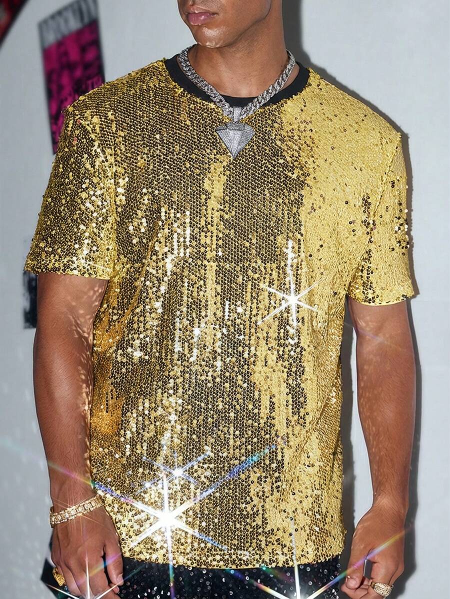 HIMLAND 男士休闲宽松串珠短袖亮片T恤，适合派对、朋友聚会 - 彩色 - 查看 1