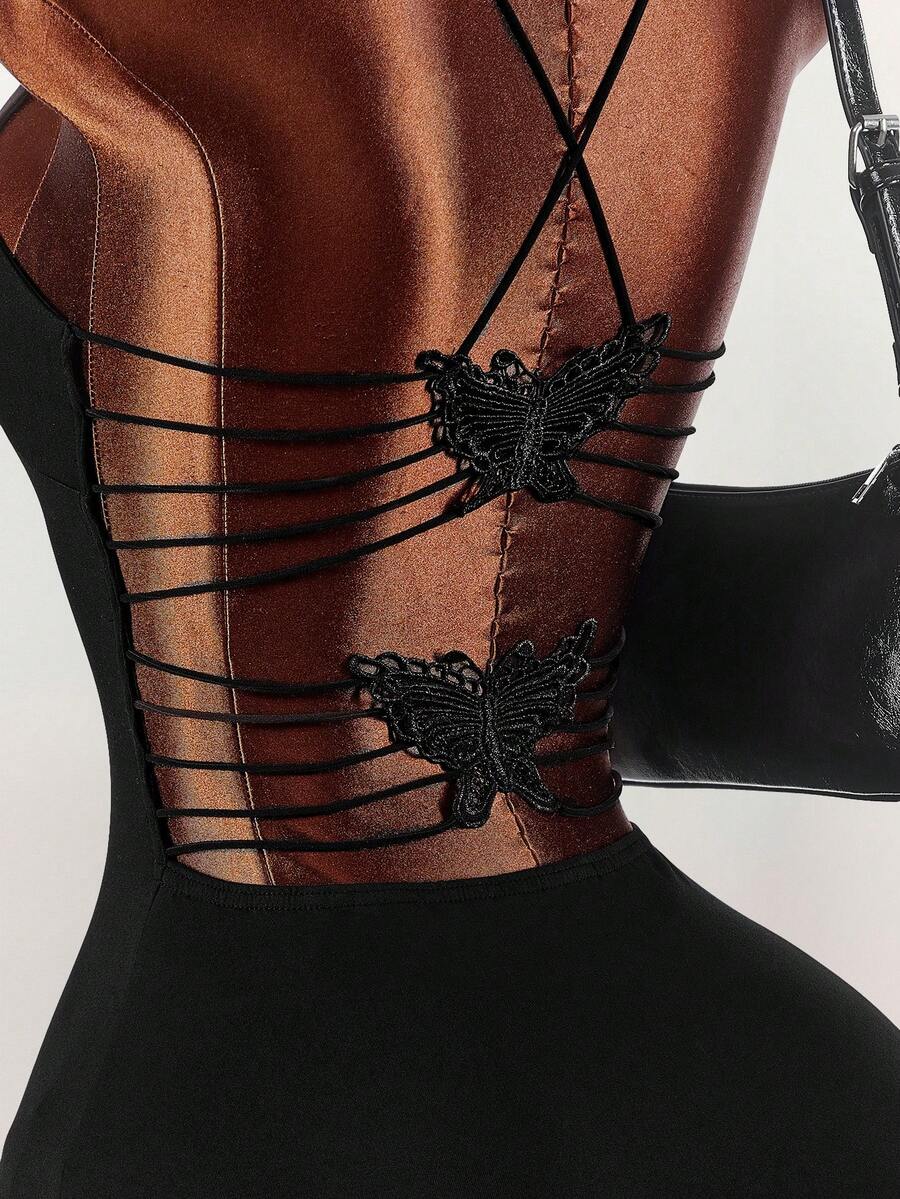 Amplova 女士纯色露背交叉吊带迷你连衣裙 - 黑色 - 查看 1