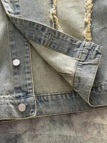 AXEPEAK 男士长袖毛边单排扣休闲宽松做旧牛仔夹克 - 藍色 - 查看 5