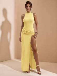SHEIN BAE 杏色无袖紧身连衣裙，性感优雅的波西米亚风沙滩长裙，适合夏季穿着 - 黃色 - 查看 4