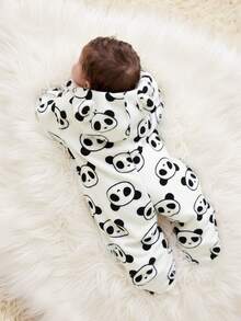 SHEIN 新生儿男女宝宝可爱毛绒卡通图案连帽连体衣，秋冬季 - 彩色 - 查看 2