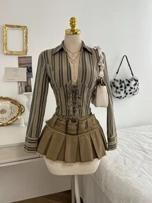 Elamini Áo sơ mi sọc cổ điển dành cho nữ, mùa thu - Nhiều màu - Xem 3