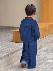 SHEIN 2pcs Young BoyGray Denim Lapel Long Sleeve Shirt And Loose Fit Pants Set - Dark Wash - View 2