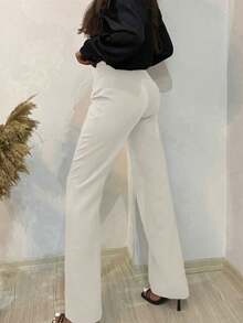 EURMUSE Solid Zipper Fly Straight Leg Trousers - Beige - View 3