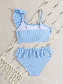 SHEIN Bộ đồ bơi bikini 2 mảnh cho bé gái tuổi teen, họa tiết sọc xanh trắng dễ thương, vai không đối xứng, dây đeo có thể điều chỉnh, hình tam giác nhún bèo - Xanh và trắng - Xem 3