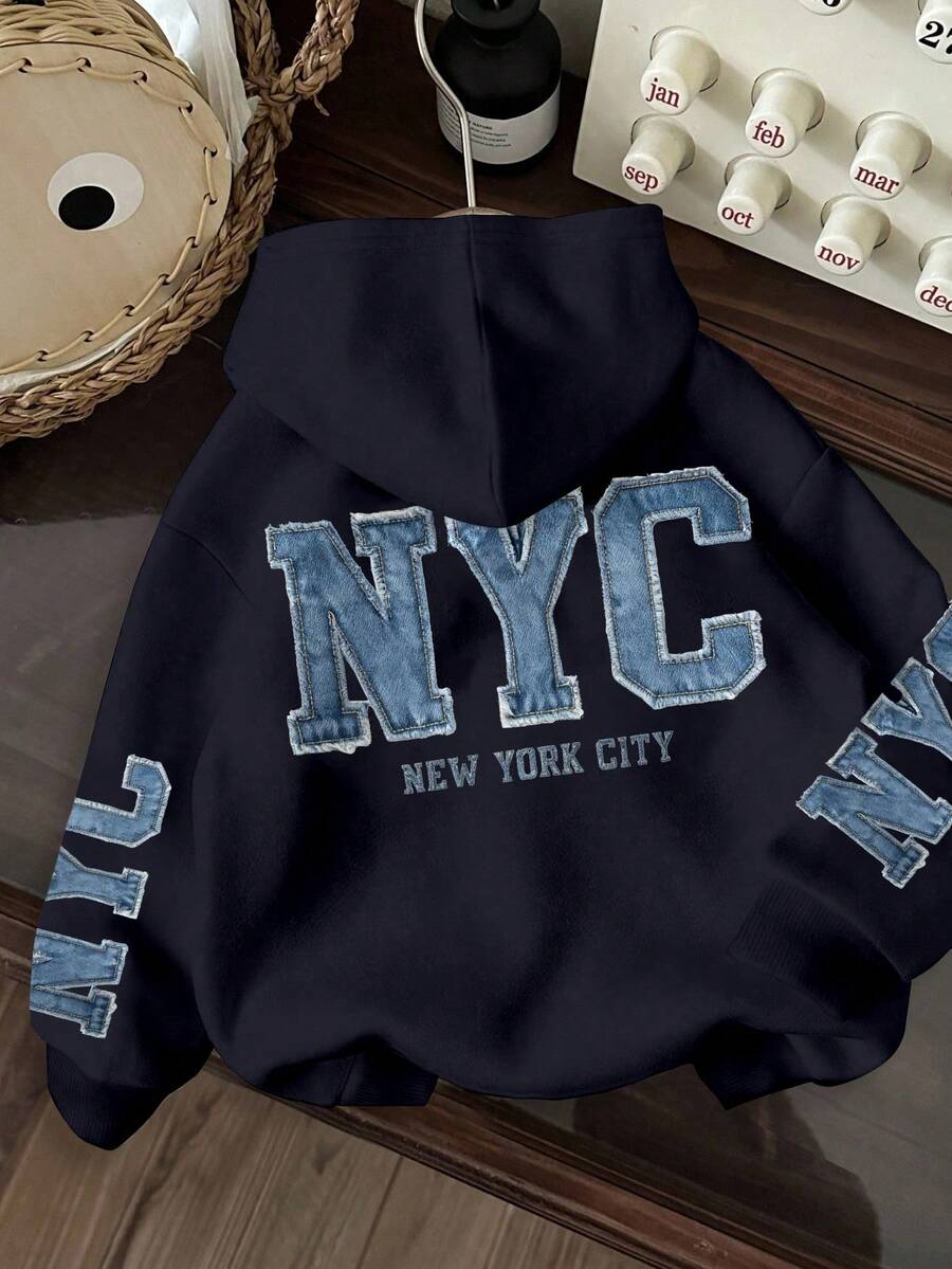 INAWLY 女士字母贴花休闲百搭卫衣，秋冬款 - 藏蓝色 - 查看 1