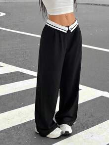 SHEIN EZwear Women Casual Commuting Color-Blocking High Waist Straight-Leg Suit Pants In Fall/Winter - Black - View 1