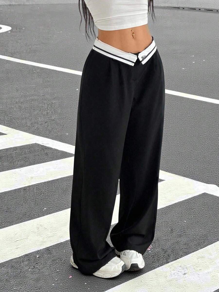 SHEIN EZwear Women Casual Commuting Color-Blocking High Waist Straight-Leg Suit Pants In Fall/Winter - Black - View 1