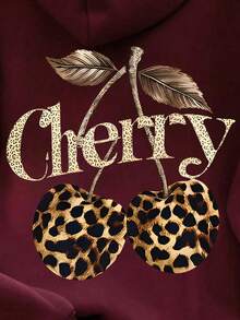 Resyla Women's Hooded Letter, Leopard Print, Cherry Pattern Casual Versatile Long Sleeve Sweatshirt, Autumn/Winter - Burgundy - View 5