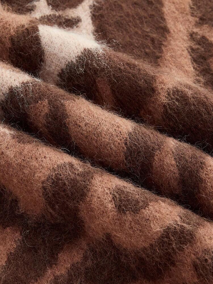 SHEIN Maija Women's Crew Neck Long Sleeve Loose Fit Leopard Print Knit Sweater, Brown Tops ,Winter Clothes,Cozy Fall And Winter Clothes For Women