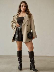 MOTF PREMIUM PLUS SIZE DOUBLE-BREASTED BELTED SHORT TRENCH COAT, AUTUMN/WINTER - Khaki - View 4