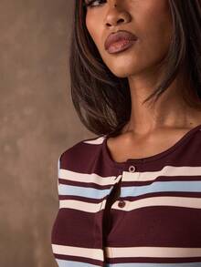 SHEIN BAE Women's Burgundy Casual Striped Print Button-Down Front Opening Slim Fit Long Sleeve T-Shirt / Park Outing / Country Home Top / Casual Top / Striped Top / Basic Style / New Year Casual Top/Casual Women Outfits/Going Out Tops For Women/Long Sleeve Tops For Women/Red Top Long Sleeve Striped Top - Burgundy - View 6