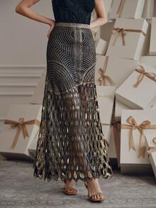 Anewsta Elegant Rope Knot Crochet Openwork Embroidered Gold Foil Skirt, Suitable For Summer, Beach, Festival, Holiday - Black - View 7