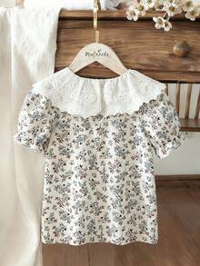 SHEIN Vintaside Kids 少女复古法式蕾丝领碎花泡泡袖衬衫，优雅公主风，适合春秋季穿着 - 白色 - 查看 9
