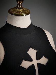 SHEIN ICON 女士修身休闲交叉网眼立领背心 - 黑色 - 查看 9