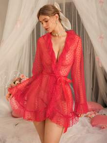 DelicateAllure Đồ ngủ hở lưng tay loe cổ chữ V sâu, phối lưới vá hình trái tim màu đỏ, gợi cảm và quyến rũ dành cho nữ - Đỏ - Xem 4