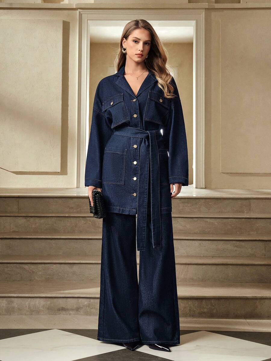 Selenza 女士翻领落肩长袖单排扣多口袋休闲牛仔连衣裙 - 藍色 - 查看 1