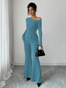 Selianne 女士时尚休闲两件套，不对称肩部褶皱下摆金属装饰长袖罗纹针织修身T恤+罗纹针织修身喇叭裤 - 薄荷藍 - 查看 4