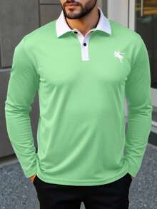 Manfinity Homme Kemeja Polo Lengan Panjang Kerah Kancing Kasual Pria Ukuran Besar - Mint Green - View 3