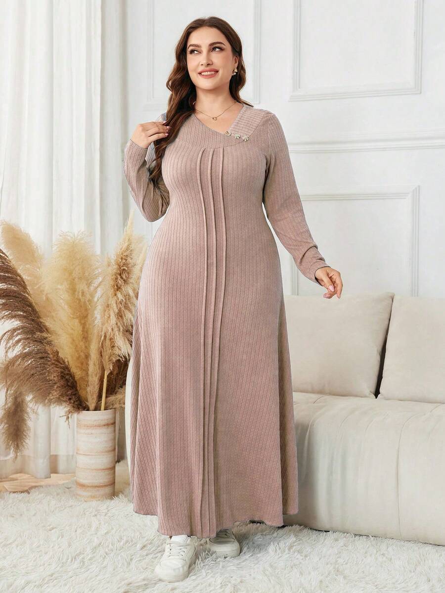 Lacomfia Plus Size Long Sleeve Solid Color Jacquard Knit Maxi Casual Dress - Pink - View 1