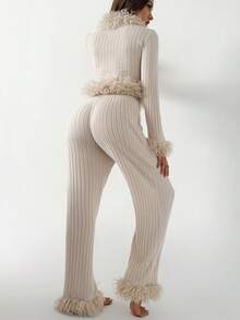 SHEIN Sexy Frayed Crop Top And Loose Pants Women Pajama Set, Winter Clothes - Khaki - View 2