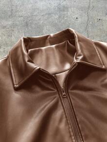 AXEPEAK Plus Size Men's Casual Fashion Street Style Everyday Commute Minimalist PU Leather Zip-Up Jacket, Autumn - Brown - View 3