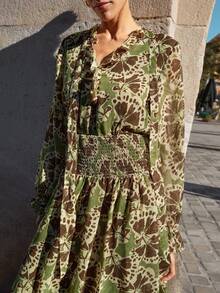 Maija Women's Full Print Frill Trim Tie Neck Long Sleeve Cinched Waist Elegant Dress,Fall Dresses For Women - Multicolor - View 4