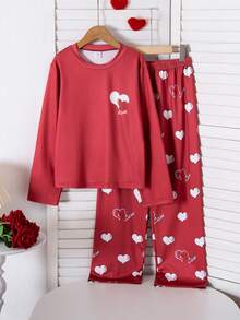 Mädchen Herz Muster Rundhals Lässig Langarm Pyjama Set - Bordeaux - Übersicht 3