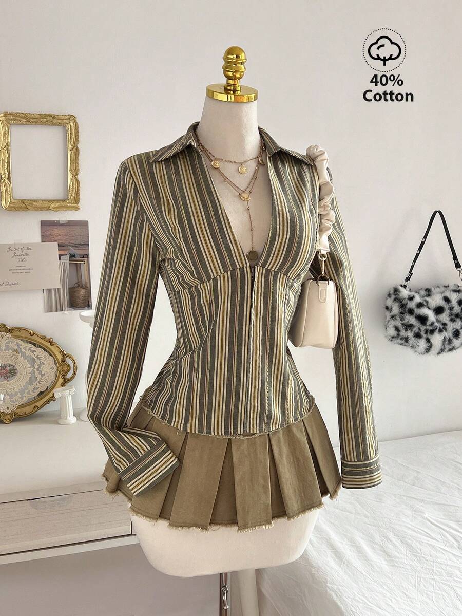 Flirla Women's Yellow-Green Striped V-Neck Long Sleeve Shirt, Y2K Retro Street Style, Casual For School, Office, Business - Multicolor - View 1