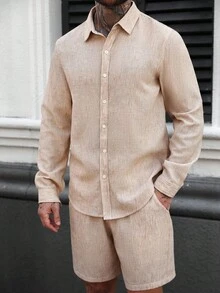 Manfinity Homme 男士翻领单排扣长袖衬衫和短裤休闲通勤套装 米色男士衬衫 杏色男士衬衫 卡其色男士衬衫 男士两件套亚麻套装 男士两件套西装套装 长袖衬衫配短裤 礼仪 - 卡其色 - 查看 4