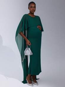 Cheriluna Maternity Solid Color Long Maternity Dress With Shawl Sleeves, Green Pleated - Green - View 6