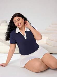 SHEIN EZwear 大码撞色领短款 T 恤，夏季 - 藏蓝色 - 查看 6