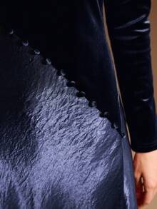 MOTF PREMIUM VELVET & SATIN PATCHWORK HIGH SPLIT HEM DRESS - Navy Blue - View 2