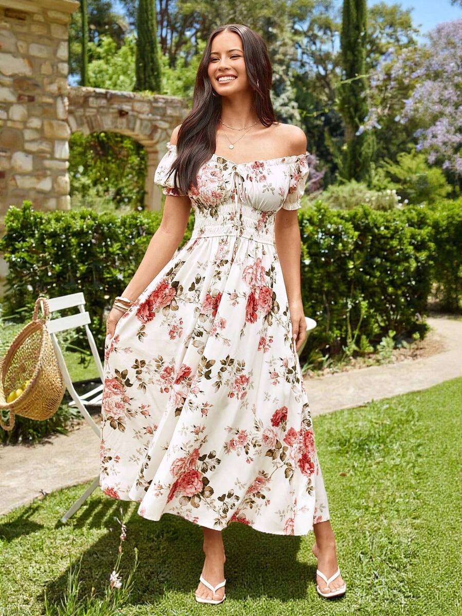 KARISMINA 花卉印花编织露肩A字连衣裙，收腰设计，夏季连衣裙，海滩风，浪漫情人节连衣裙 - 紅白色 - 查看 1