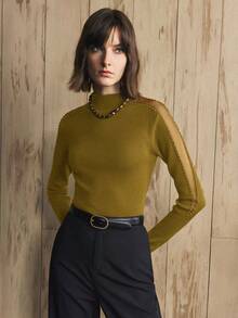 Revavyn Áo len cổ lọ ôm vừa vặn dành cho nữ, thiết kế hở vai lưới và đính hạt ngọc trai, thích hợp cho việc đi lại hàng ngày - Màu Mù tạt vàng - Xem 3