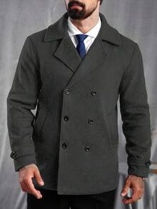 Manfinity CasualCool Men's Solid Color Lapel NeckLong Sleeve Double-Breasted Casual Wool Blend Jacket, Autumn/Winter - Dark Grey - View 1