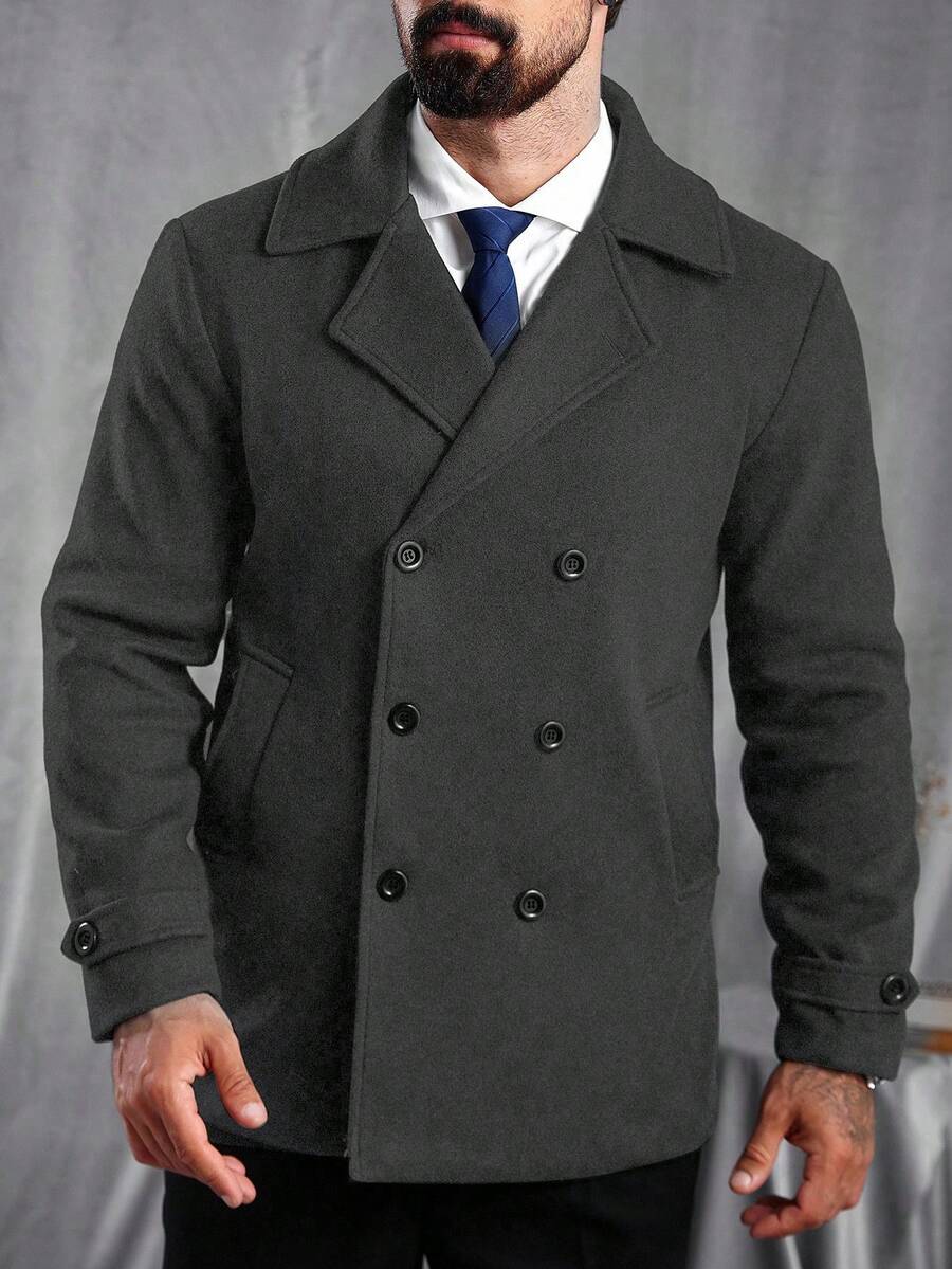 Manfinity CasualCool Men's Solid Color Lapel NeckLong Sleeve Double-Breasted Casual Wool Blend Jacket, Autumn/Winter - Dark Grey - View 1