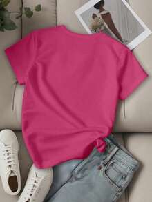 EMERY ROSE Women Casual Short Sleeve T-Shirt With Slogan And Letter Print LOS ANGELES Graphic Tees Women Tops - Hot Pink - View 2