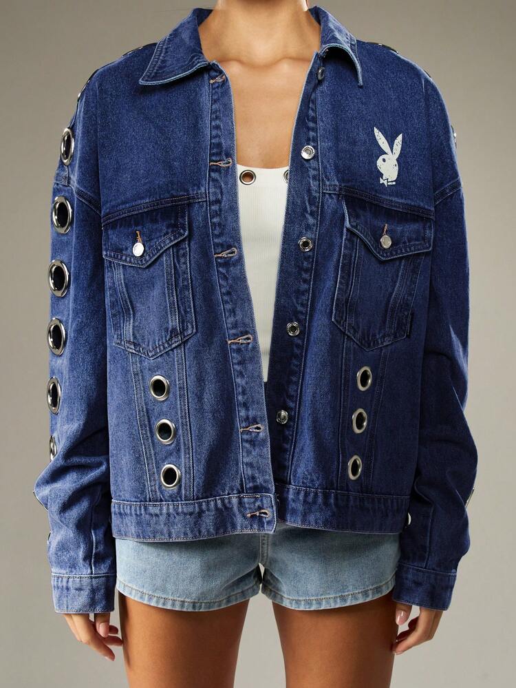 Missguided x Playboy Oversized Denim Jacket With Grommets Eyelet Detail Button Front Classic Blue Jean Outerwear Spring Fall Layering Piece