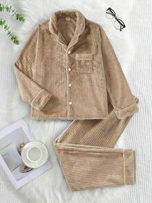 Set de 2 piezas de ropa de estar cómoda para niño preadolescente con cardigan azul marino de felpa de manga larga y pantalones - Caqui - Ver 3