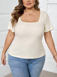 SHEIN CURVE+ 两件套加大码女式方领短袖休闲修身性感T恤，适合春夏穿着/2026/新年 - 彩色 - 查看 6